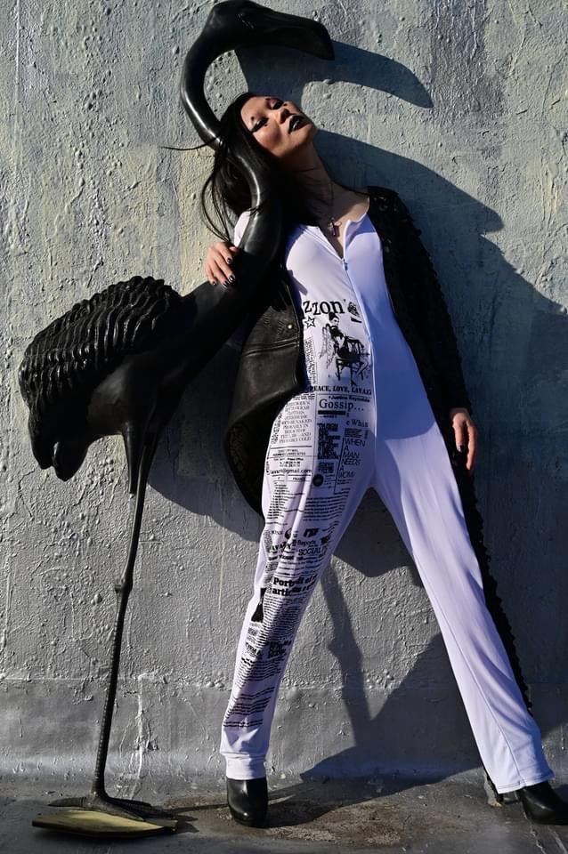 Newsprint black and white cutoff jumpsuit – Lavazzon Gallery