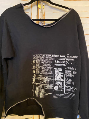 Small asymmetrical  black art bio newsprint sweatshirt