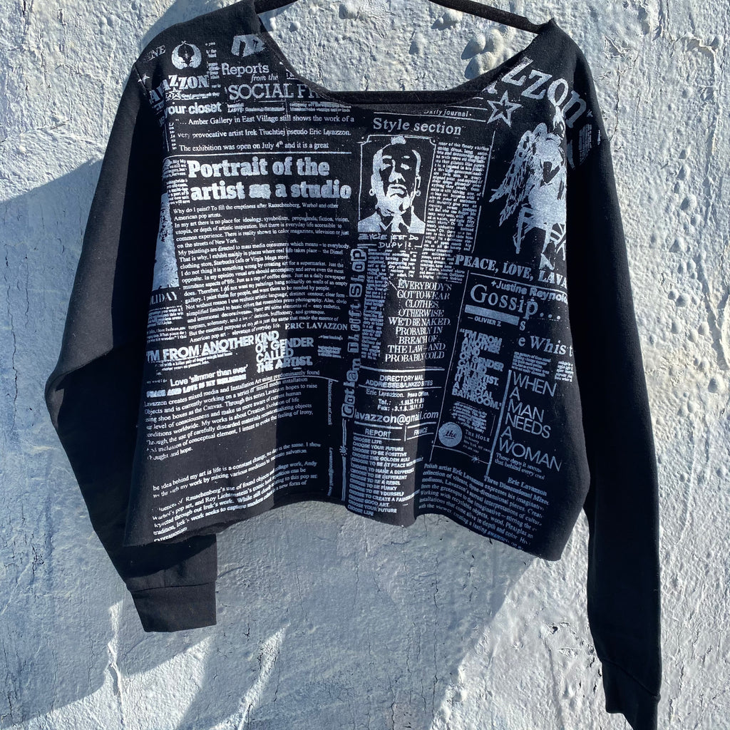 Portrait of an Artist Newspaper print crop boat neck sweatshirt