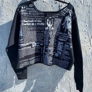 Portrait of an Artist Newspaper print crop boat neck sweatshirt
