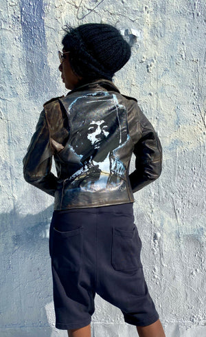 Sale...Distress painted Jimi Hendrix Motorcycle leather jacket .size small women’s jacket
