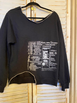 Small asymmetrical  black art bio newsprint sweatshirt