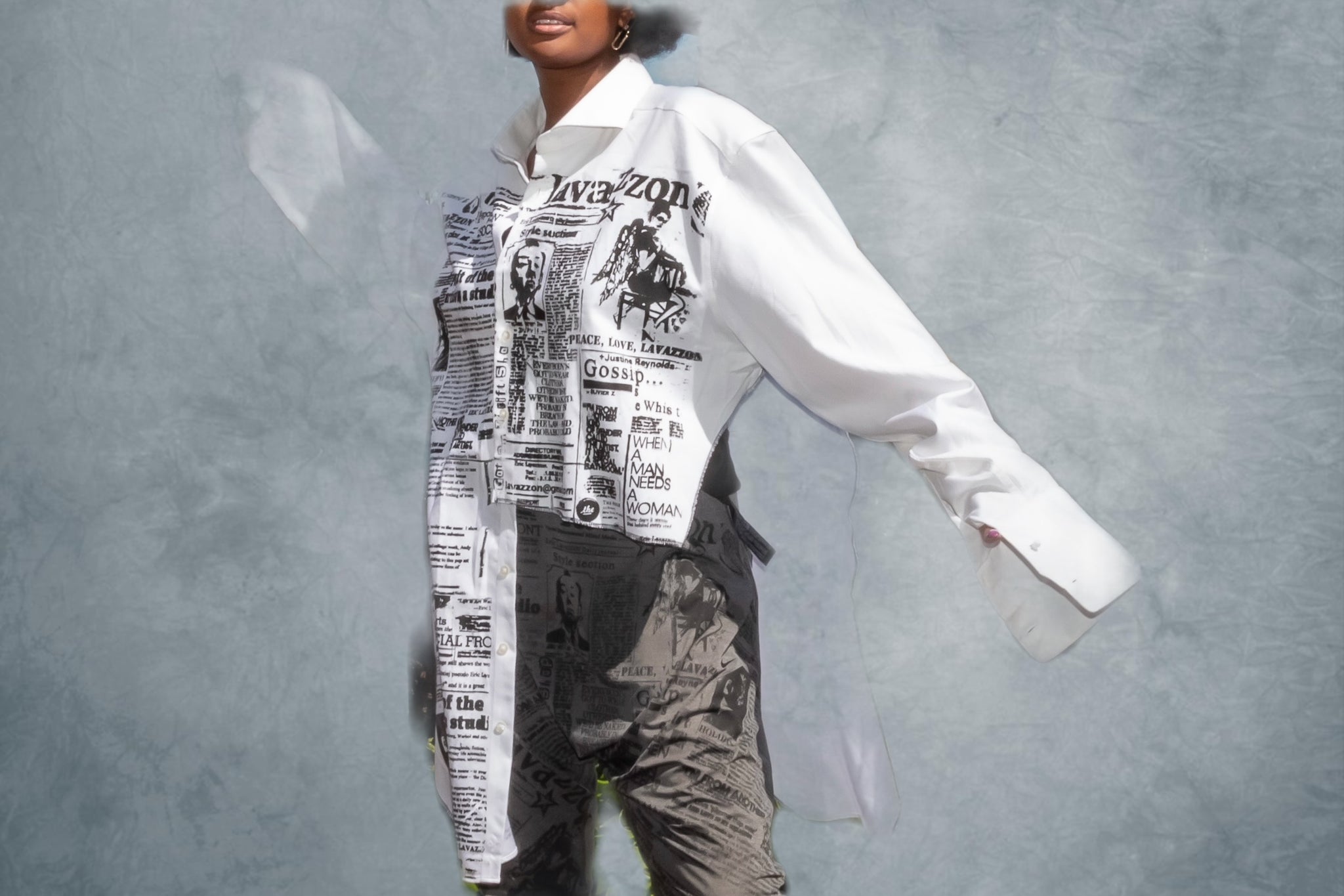 One size Genderless Lavazzon Newspaper reconstructed asymmetrical shirt