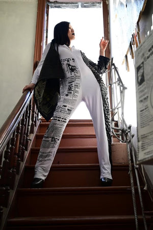 Newsprint black and white cutoff jumpsuit